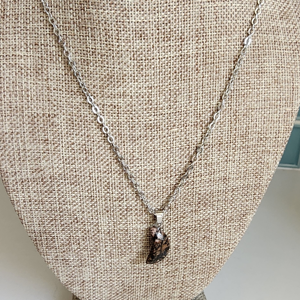 Crescent Moon Polished Rhodonite Gemstone 18" Stainless Steel Necklace 🌒